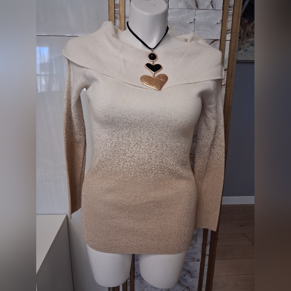New York & Company Cream and Tan Off-the-Shoulder Sweater